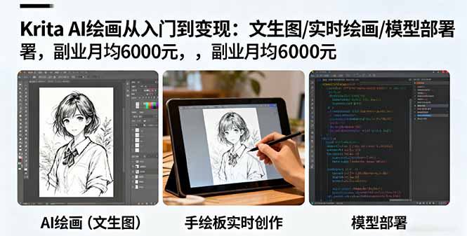 Krita AI绘画从入门到变现：文生图/实时绘画/模型部署，副业月均6000元-hcnxn