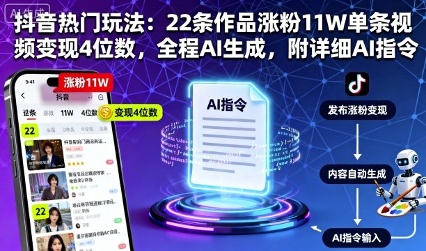 抖音热门玩法：22条作品涨粉11W单条视频变现4位数，全程AI生成，附详细AI指令-hcnxn