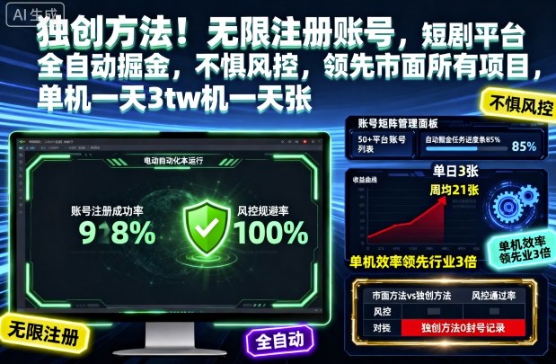 独创方法！无限注册账号，短剧平台全自动掘金，不惧风控，领先市面所有项目，单机一天3张【揭秘】-hcnxn