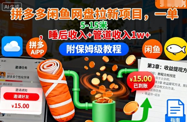 拼多多闲鱼网盘拉新项目，一单5-15米，睡后收入+管道收入1w+(附保姆级教程)-hcnxn