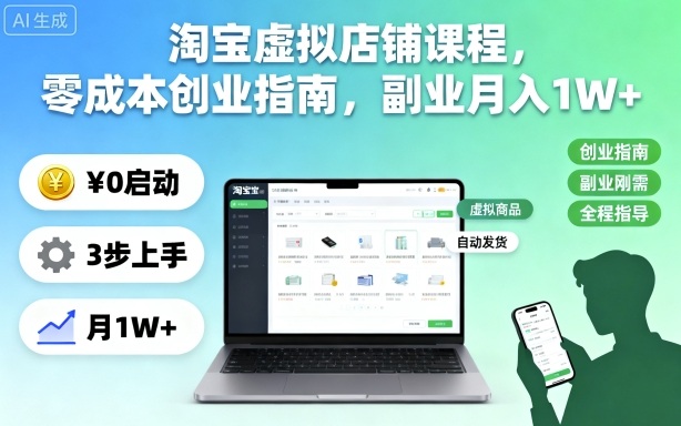 淘宝虚拟店铺课程，零成本创业指南，副业月入1W+-hcnxn