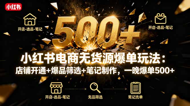 小红书电商无货源爆单玩法：店铺开通+爆品筛选+笔记制作，一晚爆单500+-hcnxn