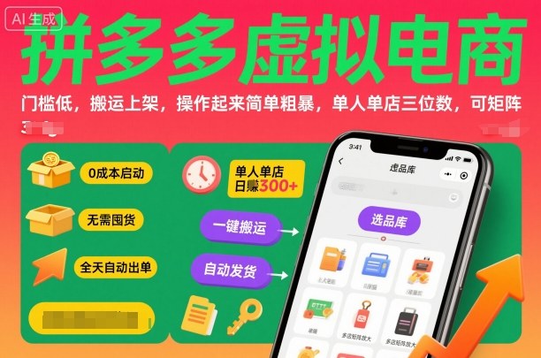 拼多多虚拟电商，门槛低，搬运上架，操作起来简单粗暴，单人单店三位数，可矩阵-hcnxn