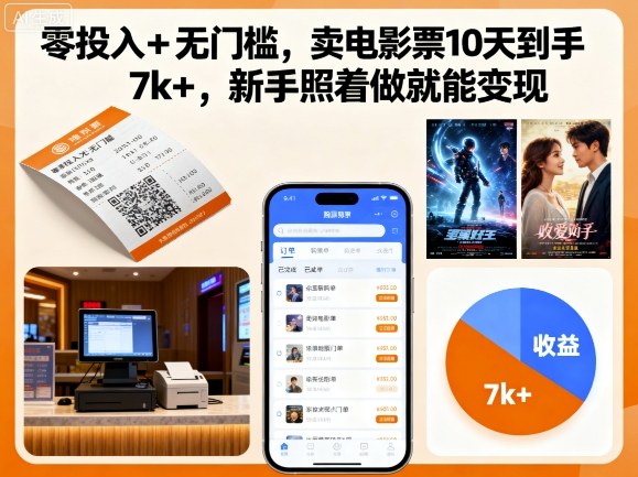 零投入+无门槛，卖电影票10天到手7k+，新手照着做就能变现【揭秘】-hcnxn