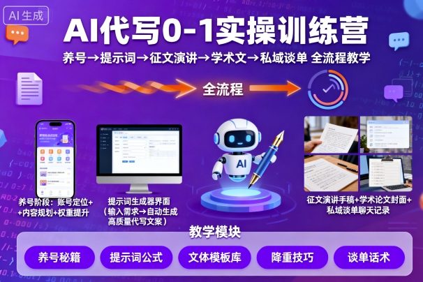 AI代写0-1实操训练营，从养号、提示词、征文演讲、学术文，到私域谈单的全流程教学-hcnxn