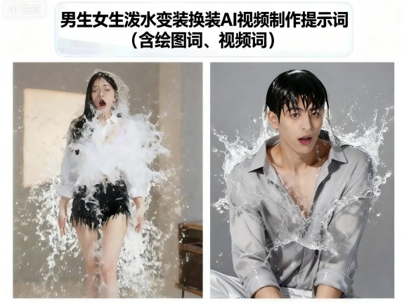 男生女生泼水变装换装AI视频制作提示词(含绘图词、视频词)-hcnxn
