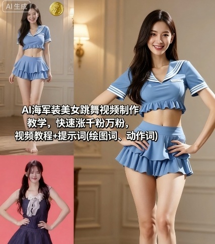 AI海军装美女跳舞视频制作教学，快速涨千粉万粉，视频教程+提示词(绘图词、动作词)-hcnxn