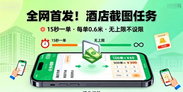 全网首发！酒店截图任务，15秒一单，每单0.6米，任务无上限不设限，矩阵操作单日3张到手【揭秘】-hcnxn
