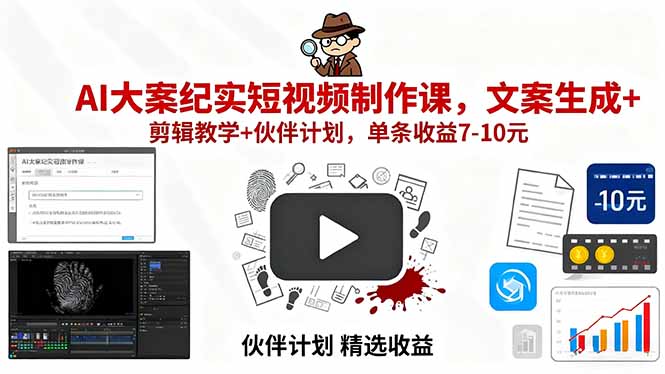 AI大案纪实短视频制作课，文案生成+剪辑教学+伙伴计划，单条收益7-10元-hcnxn