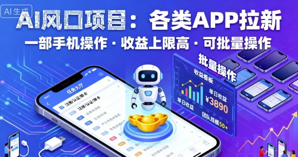 AI风口项目，各类APP拉新，一部手机就可以操作，收益上限高，可批量操作-hcnxn