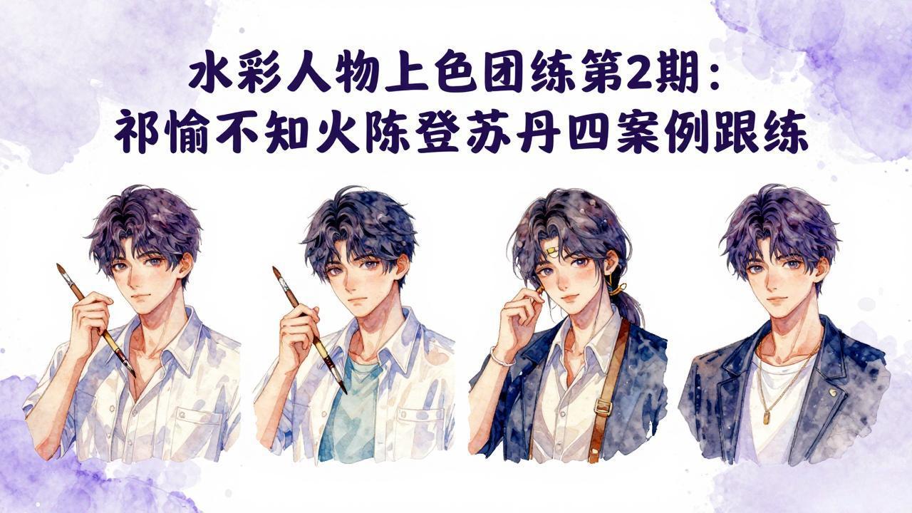 水彩人物上色团练第2期：祁煜不知火陈登苏丹四案例跟练，手把手提升绘画能力-hcnxn