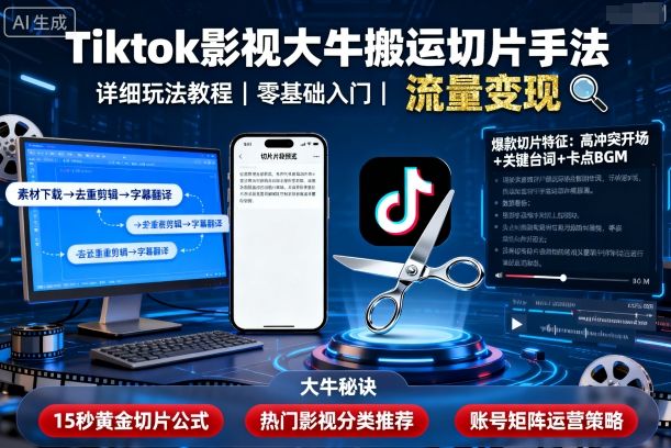 Tiktok影视大牛搬运切片手法，详细玩法教程-hcnxn