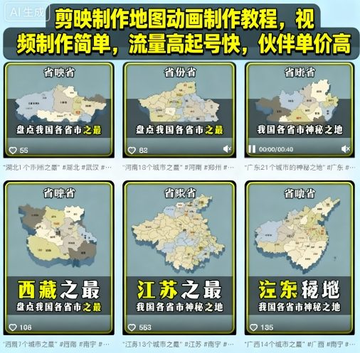 剪映制作地图动画制作教程，视频制作简单，流量高起号快，伙伴单价高-hcnxn