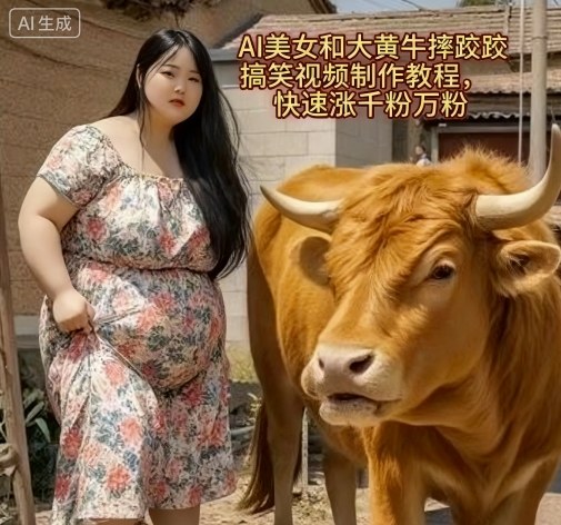 AI美女和大黄牛摔跤搞笑荒诞视频制作教程，快速涨千粉万粉-hcnxn