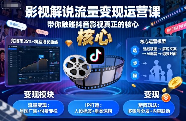 影视解说流量变现运营课，带你触碰抖音影视真正的核心-hcnxn