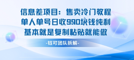 信息差项目：售卖冷门教程单人单号日收9张纯利基本就是复制粘贴就能做-hcnxn
