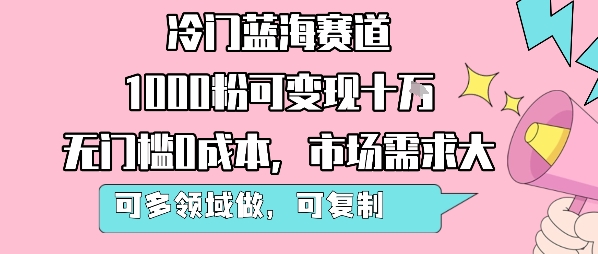 冷门蓝海赛道，1000粉可变现十W，无门槛0成本，市场需求大，可多领域做，可复制性强-hcnxn