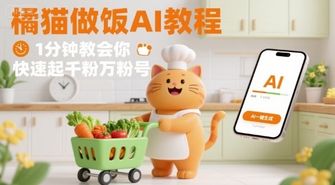 有趣的橘猫买菜做饭视频，用AI一键搞定，1分钟教会你，快速起千粉万粉号-hcnxn