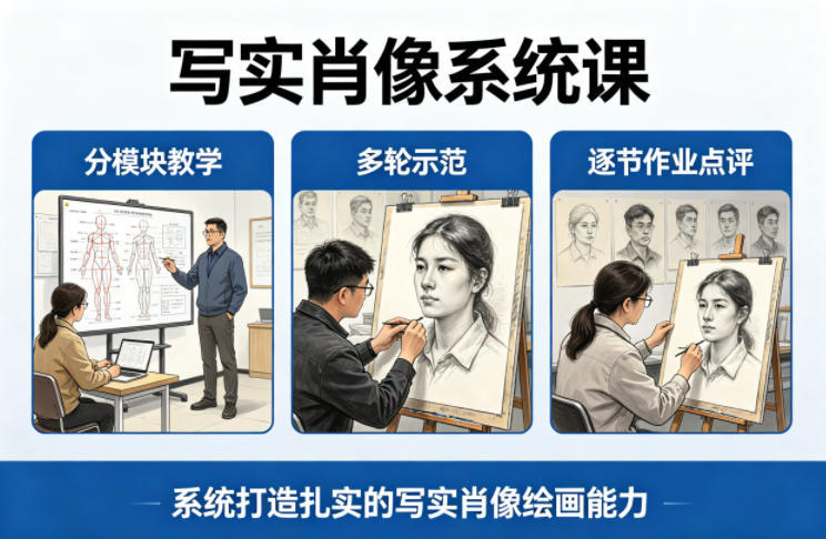 写实肖像系统课，全程分模块教学+多轮示范+逐节作业点评，系统打造扎实的写实肖像绘画能力-hcnxn
