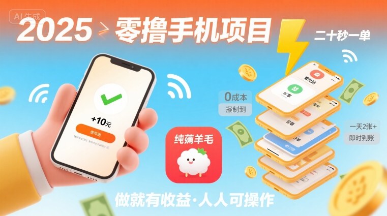 2025年零撸手机项目，二十秒一单，纯薅羊毛 一天2张+做就有-hcnxn