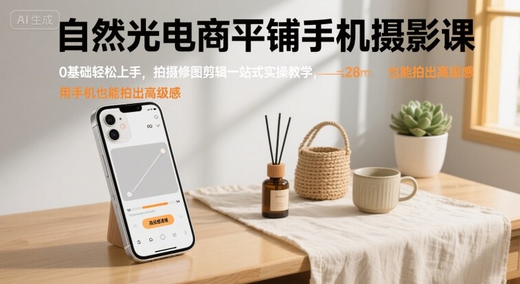 自然光电商平铺手机摄影课，0基础轻松上手，拍摄修图剪辑一站式实操教学，用手机也能拍出高级感-hcnxn