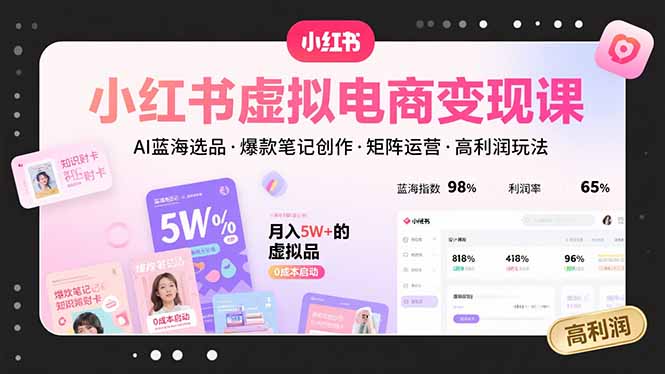 小红书虚拟电商变现课，AI蓝海选品，爆款笔记创作，矩阵运营，高利润玩法-hcnxn