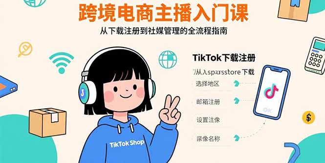 跨境电商主播入门课，TikTok下载注册，支付工具配置，社媒账号管理全流程-hcnxn