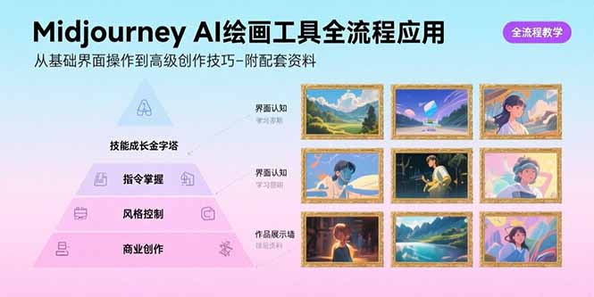 Midjourney AI绘画工具全流程应用，从基础界面操作到高级创作-附配套资料-hcnxn