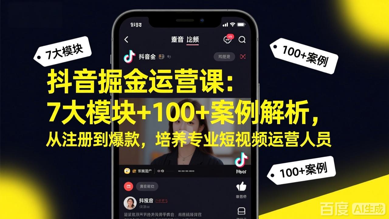 抖音掘金运营课：7大模块+100+案例解析，从注册到爆款，培养专业短视频运营人员-hcnxn
