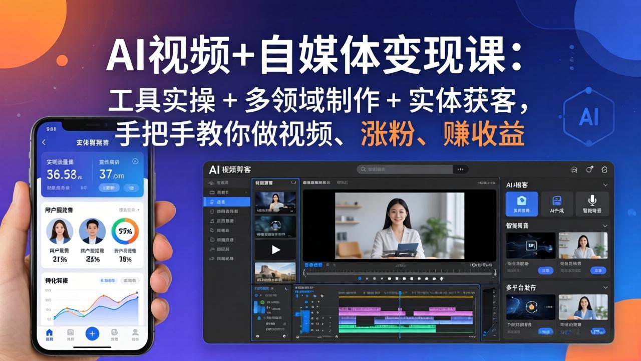 AI视频+自媒体变现课：工具实操 + 多领域制作 + 实体获客，手把手教你做视频、涨粉、赚收益-hcnxn