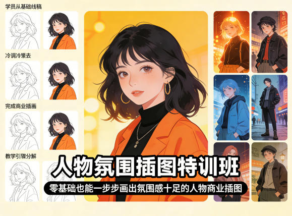 人物氛围插图特训班，零基础也能一步步画出氛围感十足的人物商业插图-hcnxn