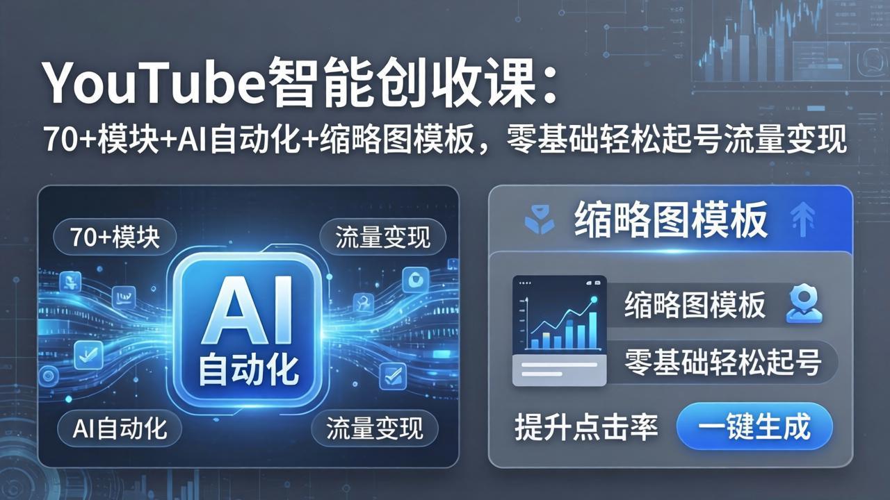 YouTube智能创收课：70+模块+AI自动化+缩略图模板，零基础轻松起号流量变现-hcnxn