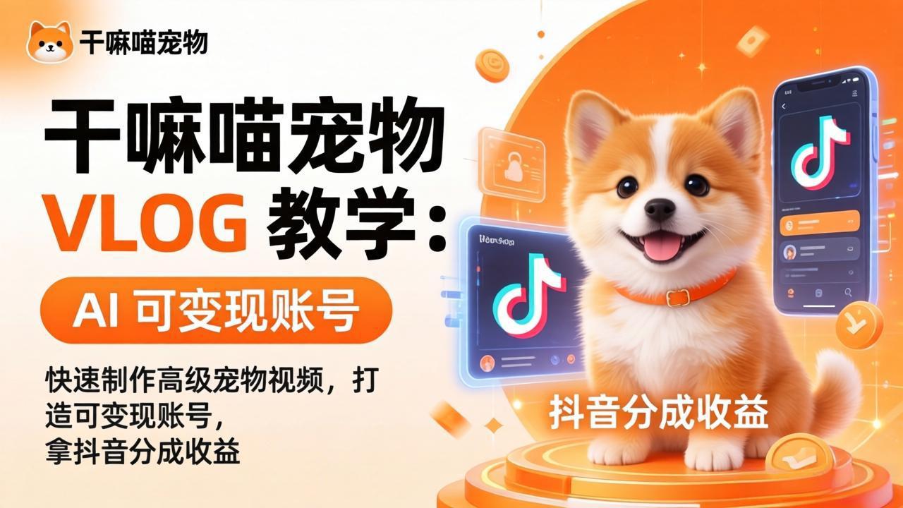干嘛喵宠物 VLOG 教学：AI 快速制作高级宠物视频，打造可变现账号，拿抖音分成收益-hcnxn