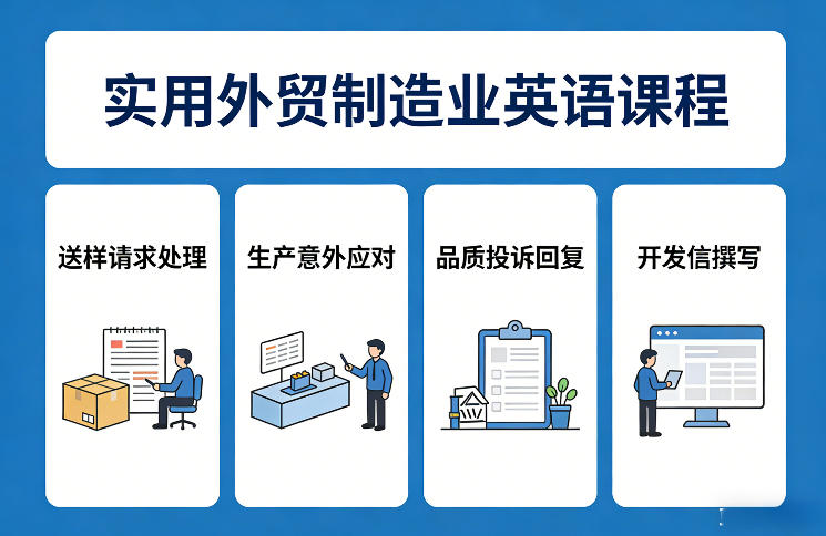 实用外贸制造业英语课程，教你专业处理送样请求、应对生产意外、回复品质投诉、撰写开发信等-hcnxn