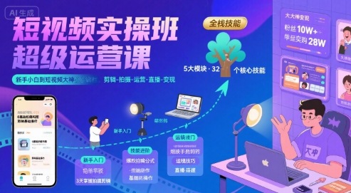 短视频实操班超级运营课，新手小白到短视频大神必修课程，剪辑-拍摄-运营-直播-变现-hcnxn