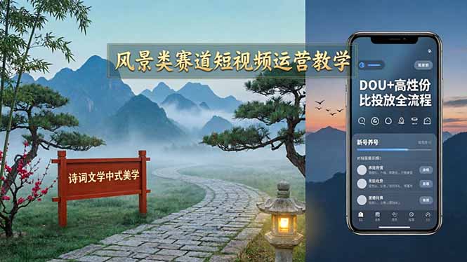 风景类赛道短视频运营教学：诗词文学中式美学，新号养号对标账号定位，DOU+高性价比投放全流程-hcnxn