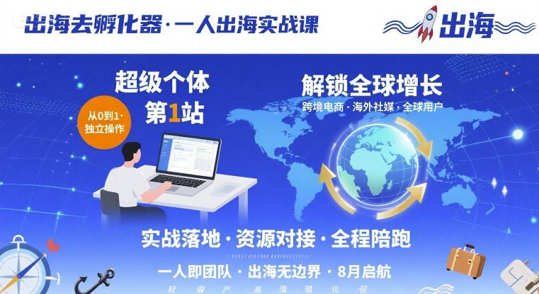 出海去孵化器，一人出海实战课，​超级个体第1站，解锁全球增长-hcnxn