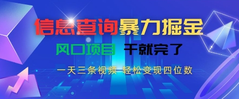 信息查询暴力掘金，一天三条视频，轻松变现四位数，风口项目干就完了【揭秘】-hcnxn