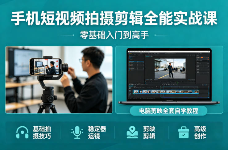 手机短视频拍摄剪辑全能实战课：零基础入门到高手，稳定器运镜+电脑剪映全套自学教程-hcnxn