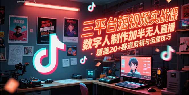 三平台短视频实战课，数字人制作加半无人直播，覆盖20+赛道剪辑与运营技巧-hcnxn