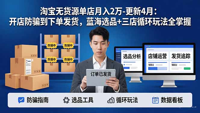 淘宝无货源5.0单店月入2万-更新4月：开店防骗到下单发货，蓝海选品+三店循环玩法全掌握-hcnxn