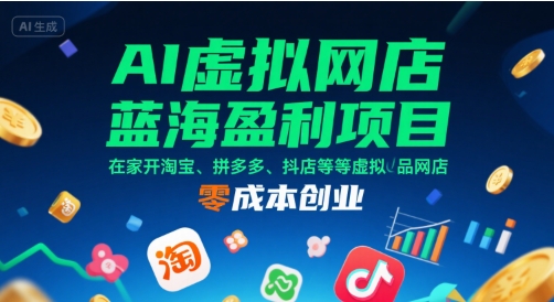 AI虚拟网店蓝海盈利项目，在家开淘宝、拼多多、抖店等虚拟品网店，零成本创业-hcnxn