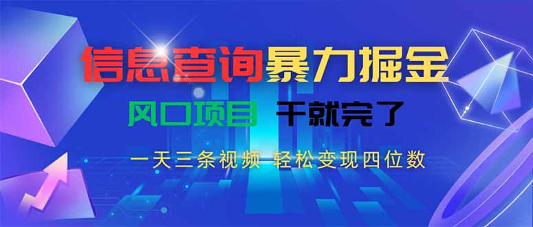 信息查询暴力掘金，一天三条视频 轻松变现四位数，风口项目干就完了-hcnxn