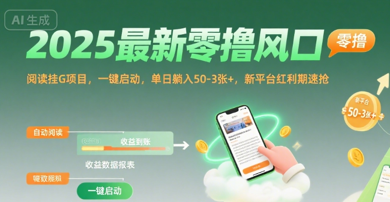 2025最新零撸风口，阅读挂G项目，一键启动，单日躺入 50-3张+，新平台红利期速抢【揭秘】-hcnxn