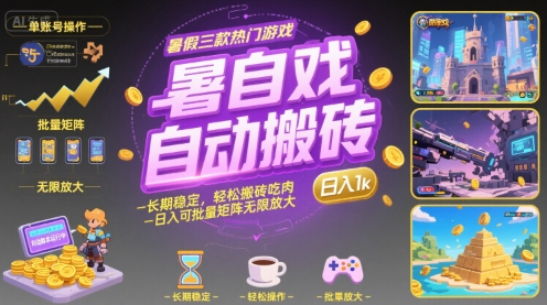 暑假三款热门游戏自动搬砖，长期稳定，轻松搬砖吃肉，日入1k ，可批量矩阵无限放大【揭秘】-hcnxn