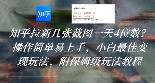 知乎拉新几张截图一天4位数？操作简单易上手，小白最佳变现玩法，附保姆级玩法教程-hcnxn