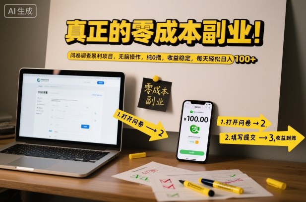 真正的零成本副业！问卷调查暴利项目，无脑操作，纯0撸，收益稳定，每天轻松日入100+【揭秘】-hcnxn