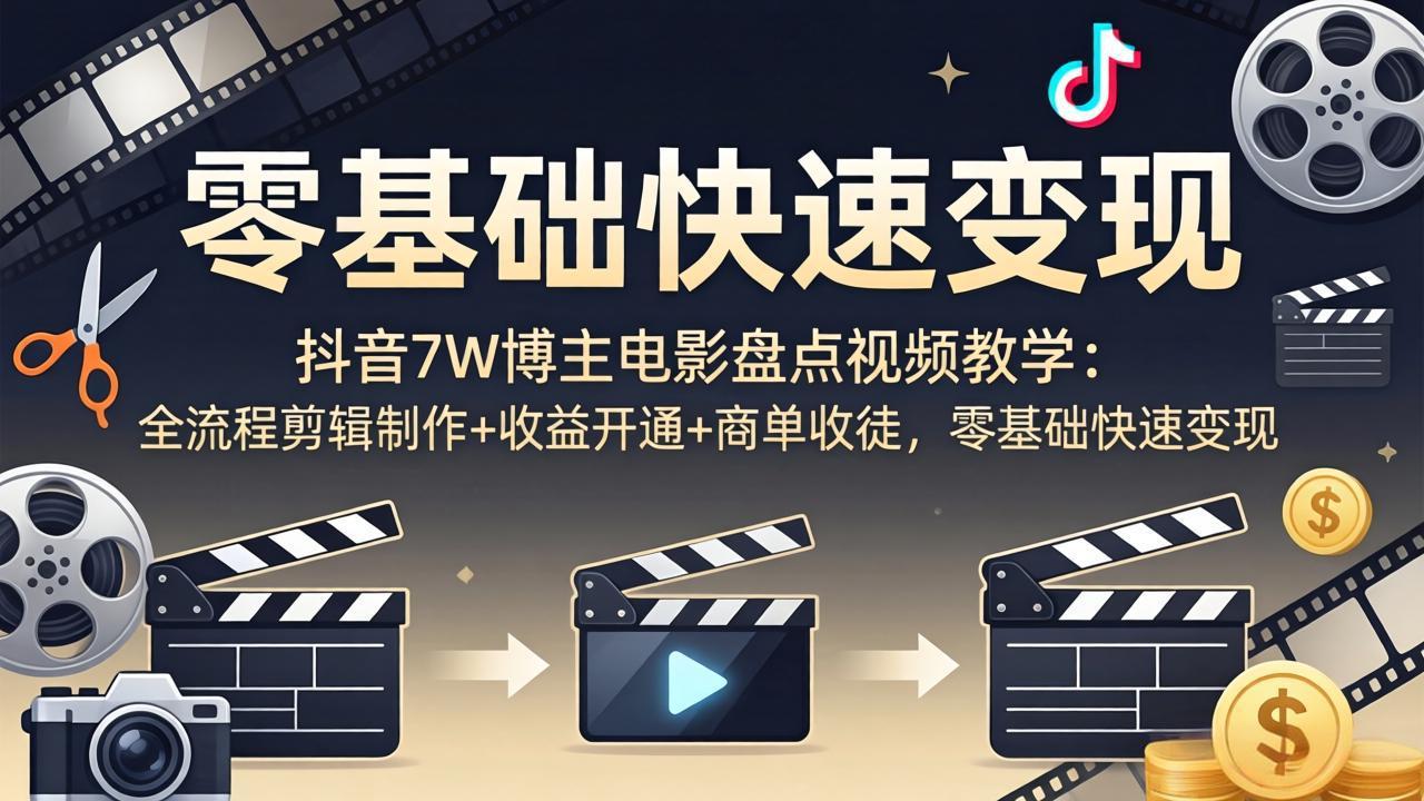 抖音7W博主电影盘点视频教学：全流程剪辑制作+收益开通+商单收徒，零基础快速变现-hcnxn