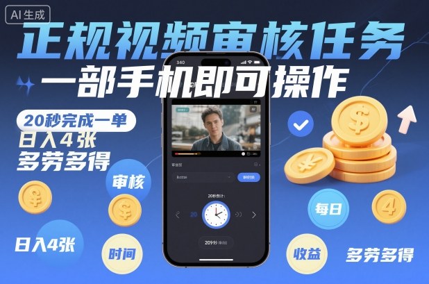 正规视频审核任务，一部手机即可操作，20秒完成一单，日入4张，多劳多得【揭秘】-hcnxn