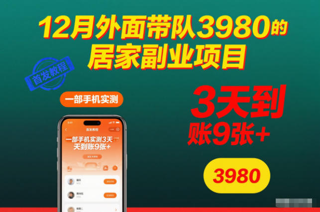 12月外面带队3980的居家副业项目，一部手机实测3天到账9张+，首发教程【揭秘】-hcnxn